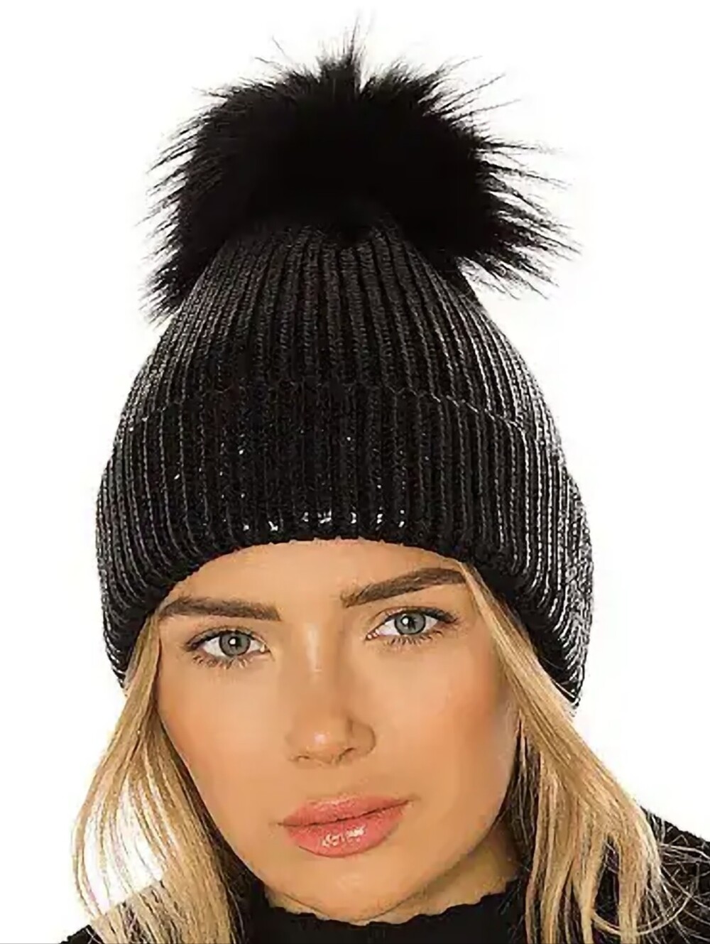 Adrienne Landau Metalic Black Ribbed Knit Beanie with Faux Fur Pom